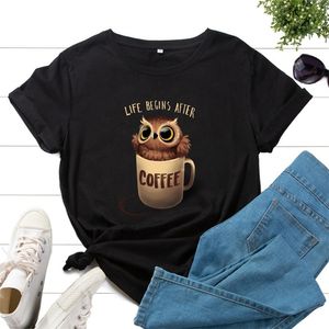 Yaz Kadın T-shirt 100% Pamuk Kısa Kollu Baykuş Kahve Mektup Baskı Kadın Moda Rahat Gevşek T Gömlek Bayanlar O-Boyun Tee Tops 220321