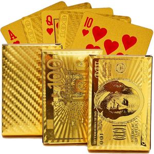 Wholesale usd cards for sale - Group buy EURO USD Back Golden Playing Cards Deck Plastic Gold Foil Poker Durable Waterproof Poker Magic Card Games Magic Tricks Props243l