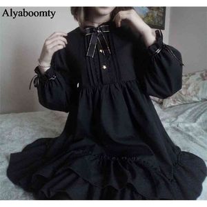 Japanska harajuku kvinnor svarta ruffles klänning lykta ärm lolita stil student s klänning söt kawaii söt båge flicka chiffon klänning 210322
