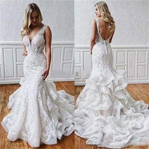 Boho Mermaid Wedding Dresses for Bride 2022 Elegant Lace Bridal Gowns Ruffled Train Backless Gorgeous Robe De Soirée
