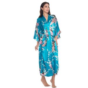Women's Sleepwear Blue Chinese Women Long Silk Rayon Robe Kimono Yukata Bath Gown Sexy Lingerie Flower Novelty Comfortable Clothes