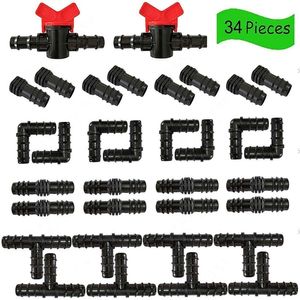 34Pcs Garden Irrigation Connectors Tees Drip Elbow Kit Engineering ABS Plastic Watering Plants Irrigation System Switch Valves T200530