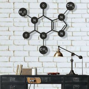 Decoração de parede de metal, molécula de cafeína, arte de parede de metal, arte de química e biologia