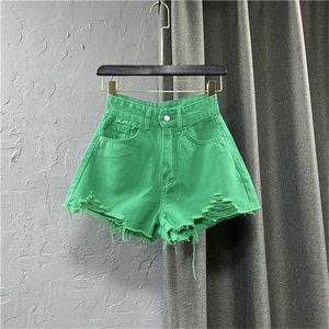 Estilo de verão calças de pernas largas coreanas Candy cor de jeans rasgada shorts fêmeas de cintura alta Aline Green Aline calças 220701