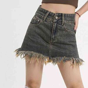 Moda Salia de jeans feminina angustiada Burrs de cintura alta lavagem Mini saias femininas Casual Summer 2022 Lady Bottoms Jean Skirt T220819