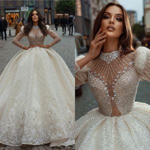 Long Retro Sleeve Wedding Dresses Crystal Sequined Ball Gown Lace Applique Bridal Vestido De Novia