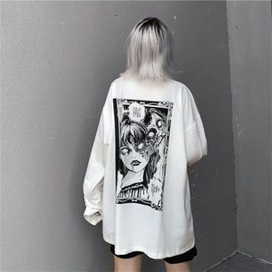 QWEEK Gothic White T-shirt Women's Harajuku Long Sleeve Mall Goth Top Vintage Grunge Alt Clothes Aesthetic Kpop Korean 220321