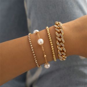 4Pcs/Set Luxury Shiny Iced Out Rhinestone Bracelets Set on Hand Women Adjustable Crystal Pearl Chain Chunky Link Bangles Jewelry
