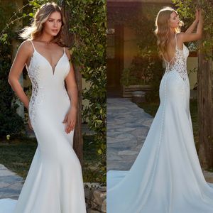 Eddy K Elegant Beach Mermaid Wedding Dress V Neck Lace Appliqued Boho Satin Bridal Gown Sweep Train de Mariee