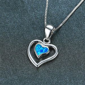 Anhänger Halsketten Niedliche weibliche weiße Opal Halskette Charme Silber Farbe Kette für Frauen Braut Kleines Herz Hochzeit NecklacePendant