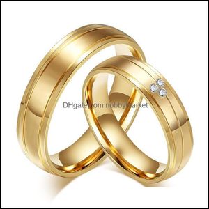 Bröllopsringar smycken mode guldfärg par och kubik zirkoniume rostfritt stål förlovningsring för kvinnor män släpp leverans 2021 f4umg