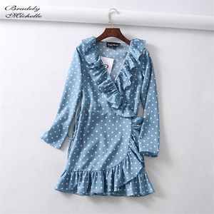 Summer vestidos Dress Vintage Sexy Deep Long Sleeve Ruffles Mini Printed A Onepiece Dress with Bandage T200603