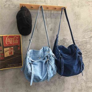 Kadınlar denim mavi omuz çantası yeni tasarım markası kadın tuval kot pantolon çanta büyük vintage crossbody seyahat mochila 220510