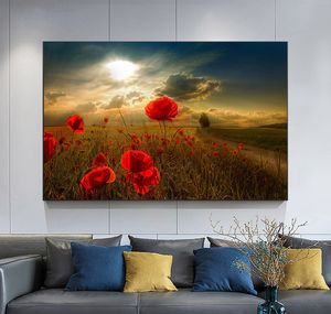 Rote Mohnblumen-Leinwandgemälde, Sonnenuntergang-Leinwandposter und -Drucke, Blumen-Wandkunstbilder für die Wohnzimmerdekoration