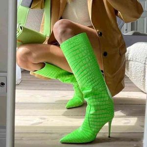 BOOTS BANQUET Mulheres outono Novo seja Ultra-High Heel Fluorescent Green Stone 35-46 High Tube 220709