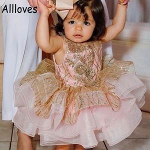 Luxury Glitter Flower Girl Dresses Gold Sequined Layers Cupcake Tutu kjol för barn Little Girl's Pageant Party Glows Baby Spädbarn Första nattvardsklänning CL0380