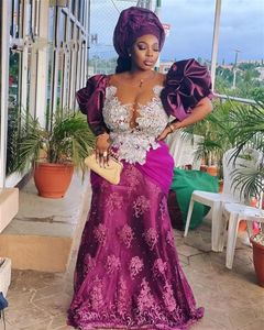 Aso Ebi Mermaid African Prom Dresses With Sheer Neck Puffy Sleeves Appliques Birthday Party Formal Evening Ocn Gowns Plus Size Robes De Soiree 322