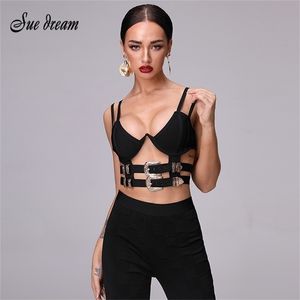 Металлическая пряжка Camisole Подрезанная рубашка женская короткая куртка Black Sexy Hollow Backless Bantage без рукавов Camisole Solid Color Vest 210326