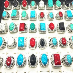 Wholesale turquoise ring man silver resale online - Turquoise Gemstone Ring Mix Style Antique Silver Vintage Stone Ring For Man Women Jewelry Whole Lots243E