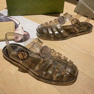 Vrouwen Sandaal Dubbele Designer Platte Sandalen Transparante Slides Glanzende Afwerking Rubberen Schoenen 90s Vintage Zwart Wit Jelly Casual Slipper Met Doos No367