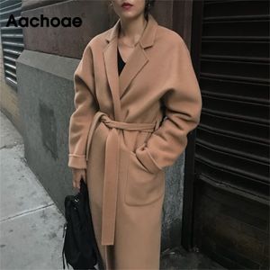 Aachoae Lady Solid Long Wool Coat Batwing Long Sleeve Elegant Office Jacket Kvinna avstäng av kragen Casual Coat Women 201222