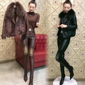 Women's Two Piece Pants 2022 Woman Spring Autumn PU Faux Leather Outfits Female Double-Breasted Matching Sets Ladies Top And Set Q153