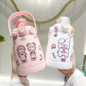 Water Bottle 1000ml Kawaii Pastel Sticker Thermos Bottle With Straw Stainless Steel Insulated School Hot For Children Girl Gift