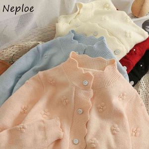 Neploe Korean Summer Trendy Sweater O Ne Long Sleeve Wave Solid Color V Beads SingleBreasted Design Felt Jaet J220729