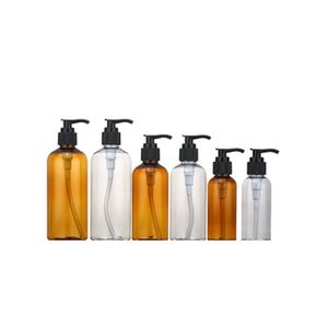 Imballaggio Bottiglia di plastica Spalla tonda PET Colletto nero Pompa per pressa per lozione nera Contenitore per imballaggio cosmetico portatile ricaricabile vuoto 100 ml 200 ml 300 ml