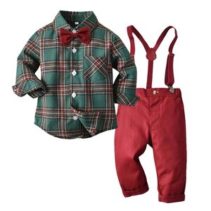 Baby Boy Clothes Set Formal Gentleman Lattice Shirt + Bretelle Pant Infant Toddler Child Christmas Outfit Party 1-8Y 220507