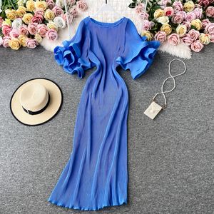 Korean Pleated Women Dress Flare Short Sleeve O-neck Causal Dresses 2022 Summer Fashion A-line Vestidos De Fiesta