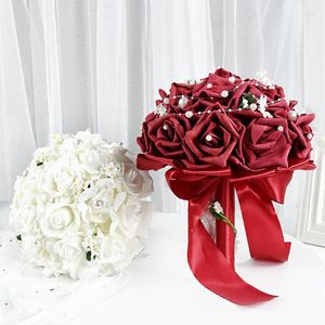 Flores decorativas grinaldas 1pc Simulação Bouquet Bride Foam Hands Holding Wedding Rose com Silk Satin Ribbon Pearl Party