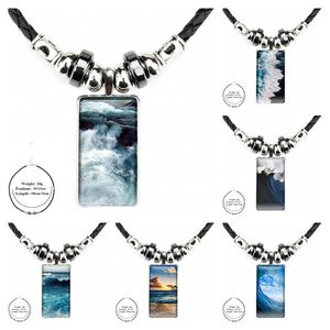 Hänge halsband glas halsband handgjorda halv rektangel natur hav blå hav vågor nouveau för kvinnor bröllop