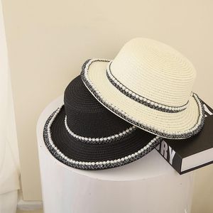 Caps Hats Fashion Kids Girl Boater Straw Hat Wide Brim Outdoor Seaside Beach Sun Flat Top com Pearlcaps