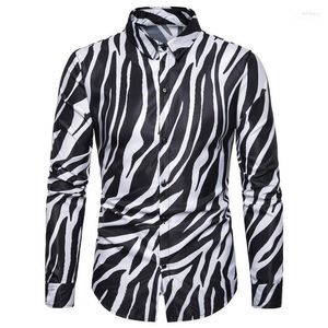 Nightclub Party Zebra Rayas Camisas para hombre Casual Slim Fit Camisa de manga larga Vestido social Chemise Homme 3XL1 Sybi22