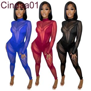 Womens New Fall Clothes Solid Long Sleeve Rompers Mid Neck Sexy Perspective Mesh Splicing Jumpsuit