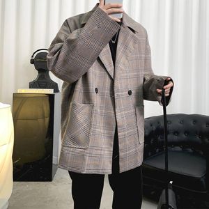 Erkek Suit Blazers Kore Trail Mens Suit Ceket Sonbahar Moda Ekose Blazer 2 Cep Artı Boyutu Lüks Tüvit Çift Kel Ormanlı Katman