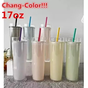 Nya oz Chang Color Acrylic Tumbler Cold PS Cups Travel Mugg dubbelväggvattenflaskor med lock och halm snabb leverans DD