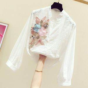 Kvinnors Blusar SHIRTS 2022 Spring Sequined Broderad Blomma V-Neck Long-Sleeve Shirt Casual Blouse Woman Ladies White Top