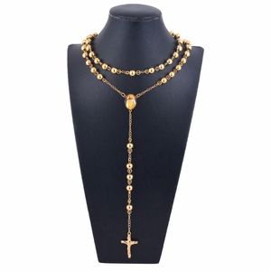 Chains Unisex Gold Long Stainless Steel Beaded Necklace Religious Jesus Cross Rosary Chain Pendant Jewelry DropshipChains