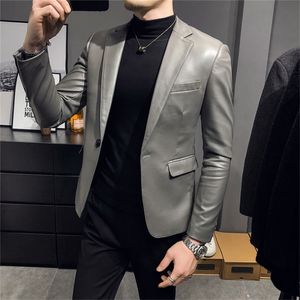 Roupas de marca moda masculina de alta qualidade casual jaqueta de couro masculino fino ajuste negócios terno de couro casacos / homem blazers S-5XL 220812