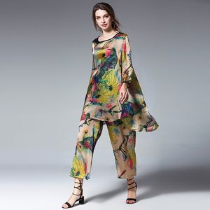 Kvinnor plus storlek Casual Suits Loose Print Silk Lotus Elegant Two Piece Summer Tops and Pants Elastic Midje Crew Neck Suit 220611