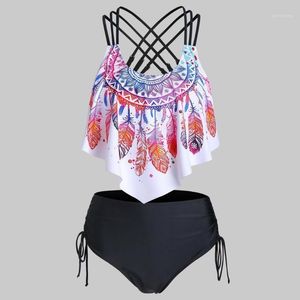 Bikini Set Piuma A fascia Canotta Indietro Croce L Vita alta Fasciatura nera Bottone Tankini Costume da bagno Donna Costume da bagno da spiaggia