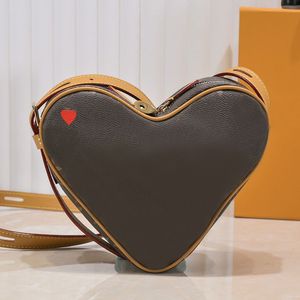 Heart Shaped Crossbody Bag Shoulder Bags Women Genuine Leather Handbags Purse Classic Vintage Old Flower Letter Love Clutch Tote Wallet Cell Phone Pocket Brown