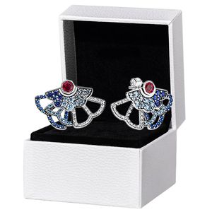 Autentico orecchino a forma di ventaglio in argento sterling 925 Scatola originale per orecchini gioielli da donna con diamanti rosa CZ blu Pandora