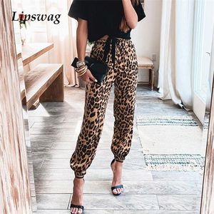 Fashion Spring Leopard Printed Street Long Pants Summer Solid Satin Trouser Retro Elastic Mid-Waist Slim Sweatpants 220325