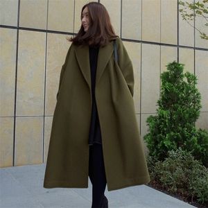 Осенняя и зимняя элегантная женщина Корейская модная длинная шерстяная шерстяная пальто винтажное минималистское пальто Негабаритная шерстяная одежда T200814