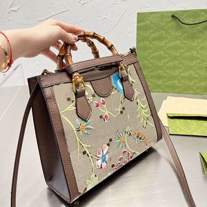 Bamboo Portable Shopping Bag Tote Bags Large Capacity Handbag Large Letter Series Canvas Embroidered Flower Flap Messenger Crossbody Purse High Quality
