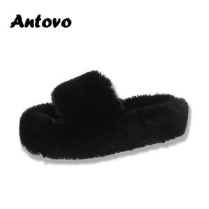 Antovo 2022 Koreansk version Kvinnor Winter House Furry Slippers Women Fluffy Fur Home Slides Flat inomhusgolvskor Flip Flops G220816