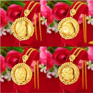 Pendant Necklaces Long Not Fade Maitreya Buddha Guanyin 24k Real Yellow Solid Gold Plated Women Men Necklace Fastness CouplesPendant